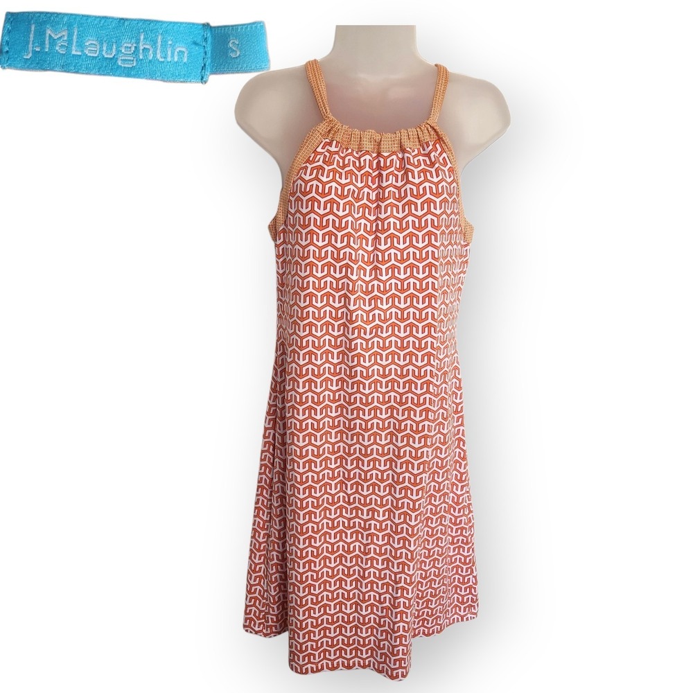 J. McLaughlin Catalina Cloth Maria Halter Dress Small Orange White Geometric